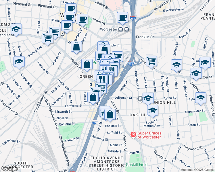map of restaurants, bars, coffee shops, grocery stores, and more near 9 Kelley Square in Worcester