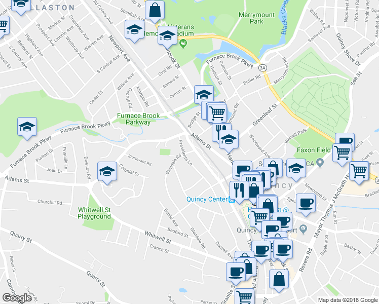 map of restaurants, bars, coffee shops, grocery stores, and more near 5 Glendale Road in Quincy