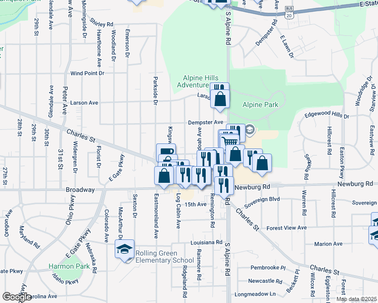 map of restaurants, bars, coffee shops, grocery stores, and more near 4104 Tonawanda Avenue in Rockford
