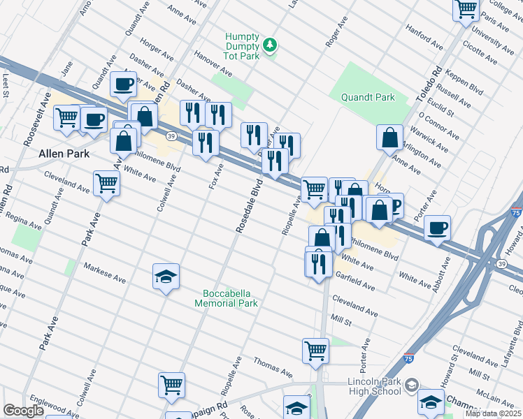 map of restaurants, bars, coffee shops, grocery stores, and more near 14595 Philomene Boulevard in Allen Park