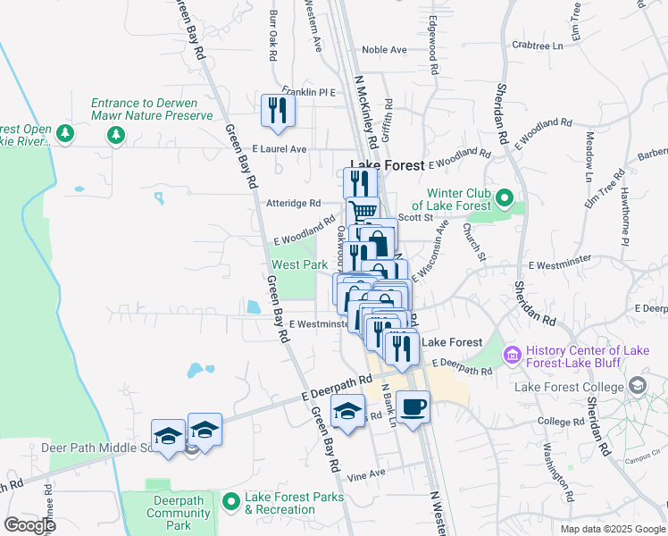 map of restaurants, bars, coffee shops, grocery stores, and more near 840 Oakwood Avenue in Lake Forest