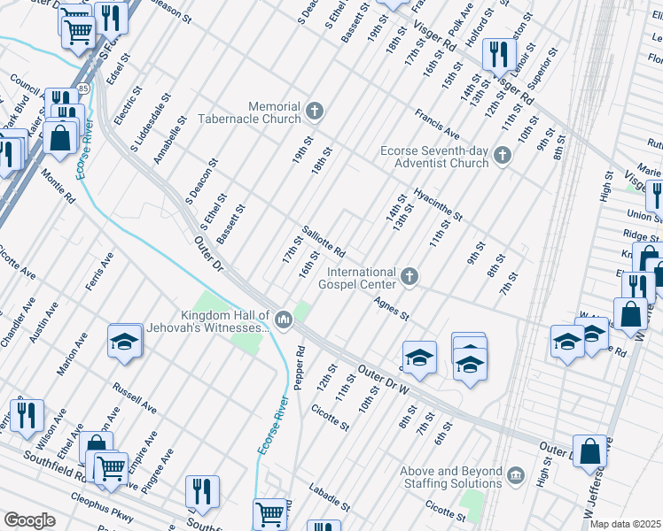 map of restaurants, bars, coffee shops, grocery stores, and more near 4108 15th Street in Ecorse