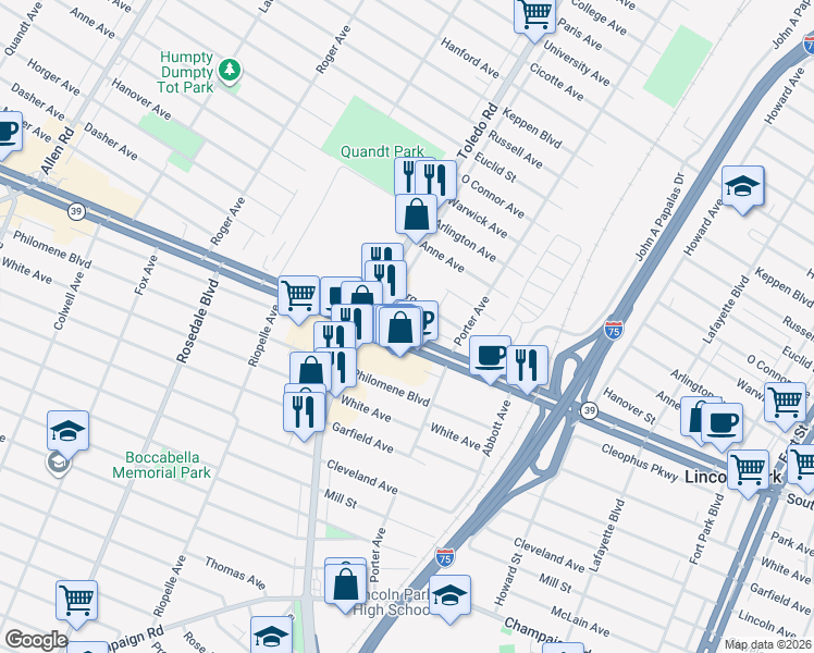 map of restaurants, bars, coffee shops, grocery stores, and more near 1868 Southfield Road in Lincoln Park