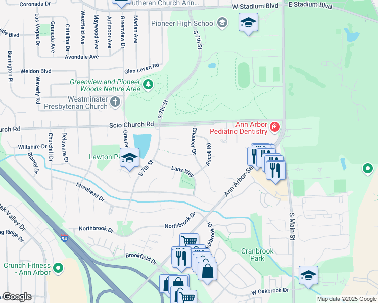map of restaurants, bars, coffee shops, grocery stores, and more near 636 Wembley Court in Ann Arbor