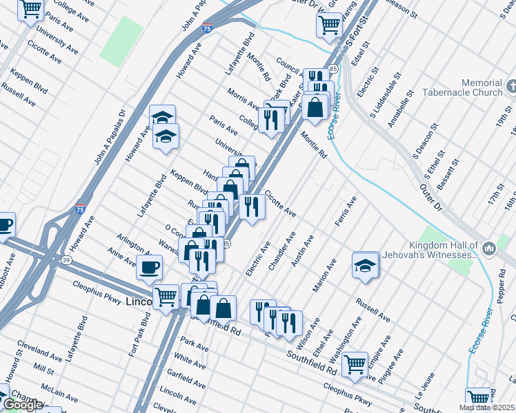map of restaurants, bars, coffee shops, grocery stores, and more near 1369 Fort Street in Lincoln Park
