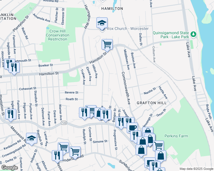 map of restaurants, bars, coffee shops, grocery stores, and more near 60 Anderson Avenue in Worcester