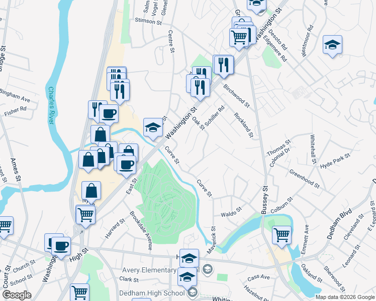 map of restaurants, bars, coffee shops, grocery stores, and more near 100 Schiller Road in Dedham