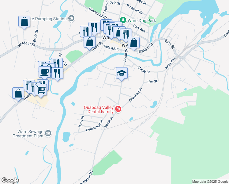 map of restaurants, bars, coffee shops, grocery stores, and more near 73 South Street in Ware
