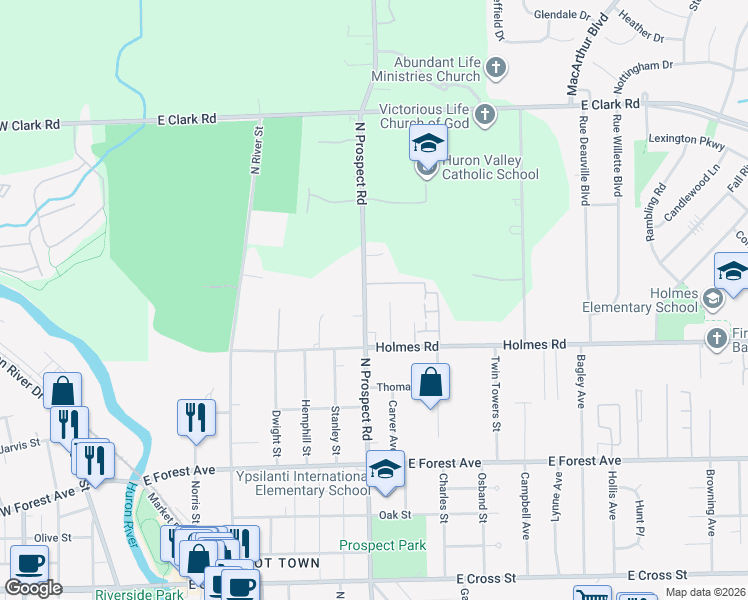 map of restaurants, bars, coffee shops, grocery stores, and more near 524 Terrace Lane North in Ypsilanti
