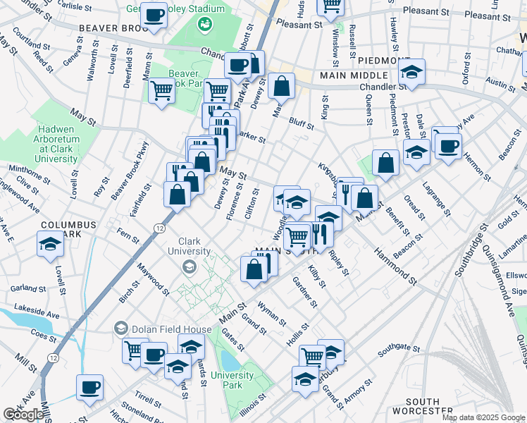 map of restaurants, bars, coffee shops, grocery stores, and more near 48 Hollywood Street in Worcester