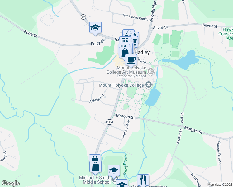 map of restaurants, bars, coffee shops, grocery stores, and more near 61 College Street in South Hadley