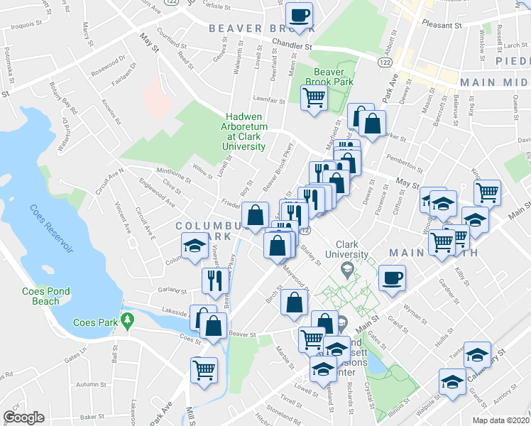 map of restaurants, bars, coffee shops, grocery stores, and more near 25 Friedel Street in Worcester