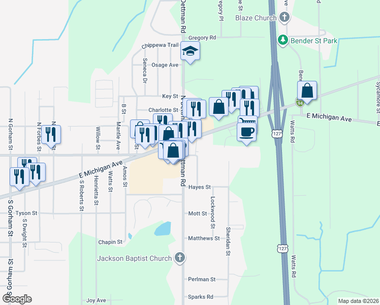 map of restaurants, bars, coffee shops, grocery stores, and more near 107 S Dettman Rd in Jackson
