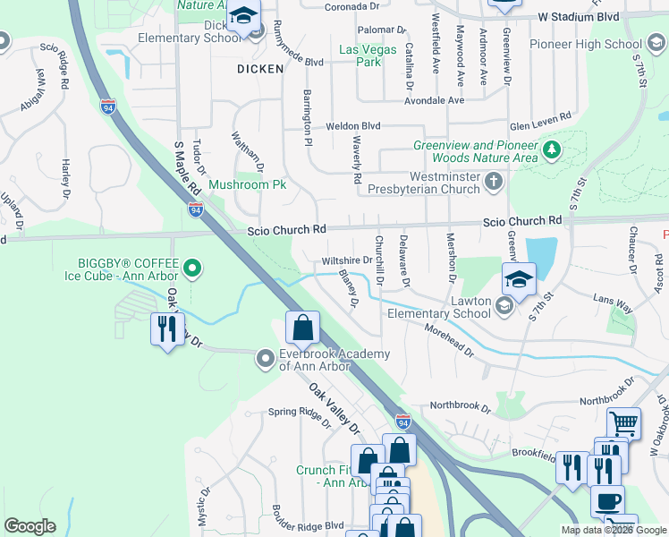 map of restaurants, bars, coffee shops, grocery stores, and more near 1975 Wiltshire Drive in Ann Arbor