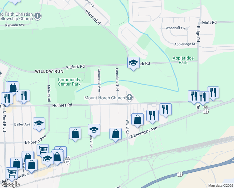 map of restaurants, bars, coffee shops, grocery stores, and more near 1011 Pasadena Street North in Ypsilanti