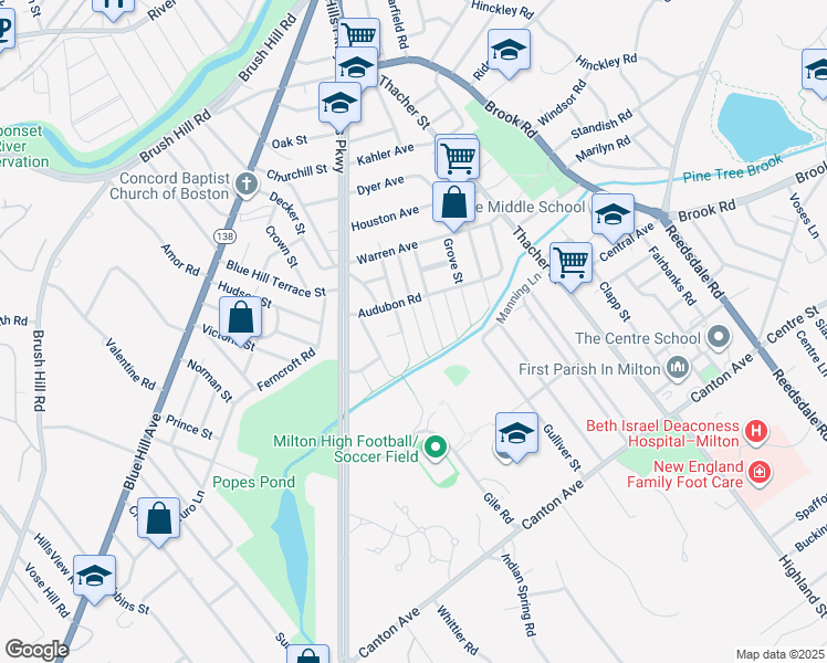 map of restaurants, bars, coffee shops, grocery stores, and more near 69 Harold St in Milton
