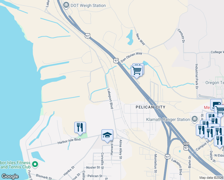 map of restaurants, bars, coffee shops, grocery stores, and more near 3718 Lakeport Boulevard in Klamath Falls
