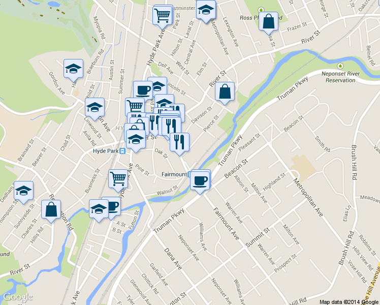 map of restaurants, bars, coffee shops, grocery stores, and more near 11-13 Pierce Street in Boston