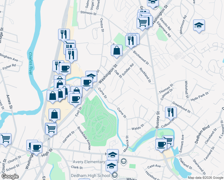 map of restaurants, bars, coffee shops, grocery stores, and more near 100 Schiller Road in Dedham