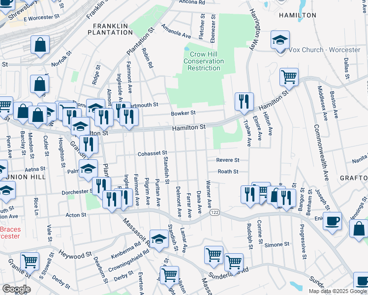 map of restaurants, bars, coffee shops, grocery stores, and more near 137 Cohasset Street in Worcester