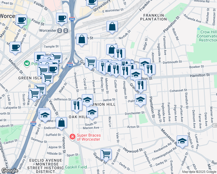 map of restaurants, bars, coffee shops, grocery stores, and more near 14 Mendon Street in Worcester