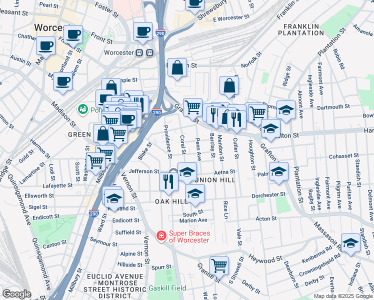 map of restaurants, bars, coffee shops, grocery stores, and more near 41 Coral Street in Worcester