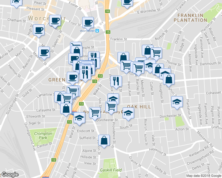 map of restaurants, bars, coffee shops, grocery stores, and more near in Worcester