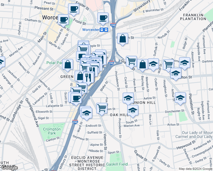 map of restaurants, bars, coffee shops, grocery stores, and more near 29 Columbia Street in Worcester