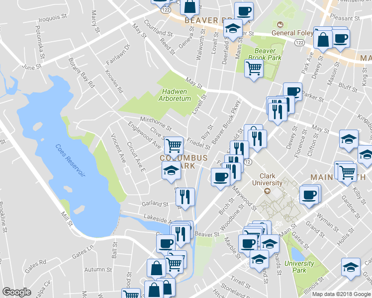 map of restaurants, bars, coffee shops, grocery stores, and more near 138 Lovell Street in Worcester