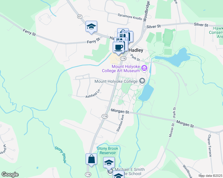 map of restaurants, bars, coffee shops, grocery stores, and more near 61 College Street in South Hadley