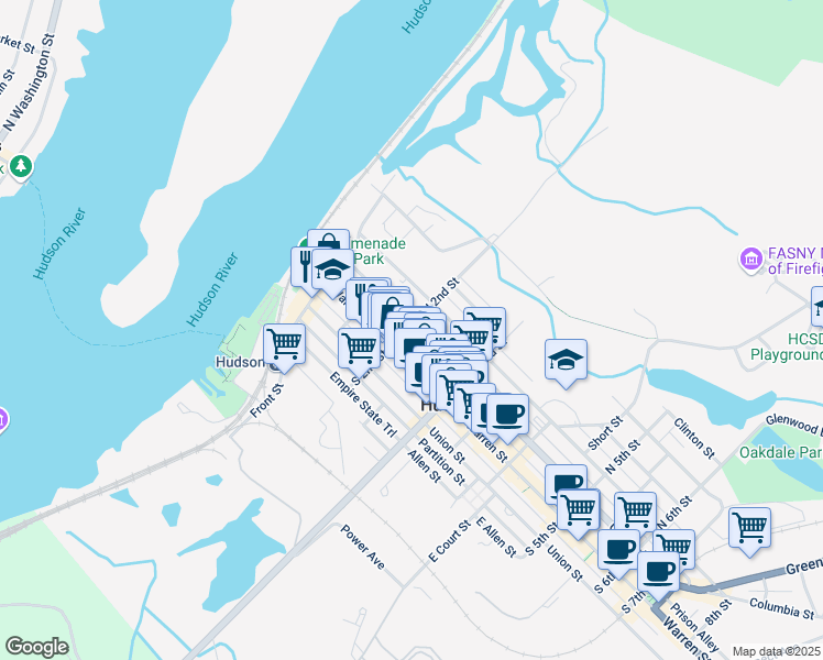 map of restaurants, bars, coffee shops, grocery stores, and more near 22 North 2nd Street in Hudson