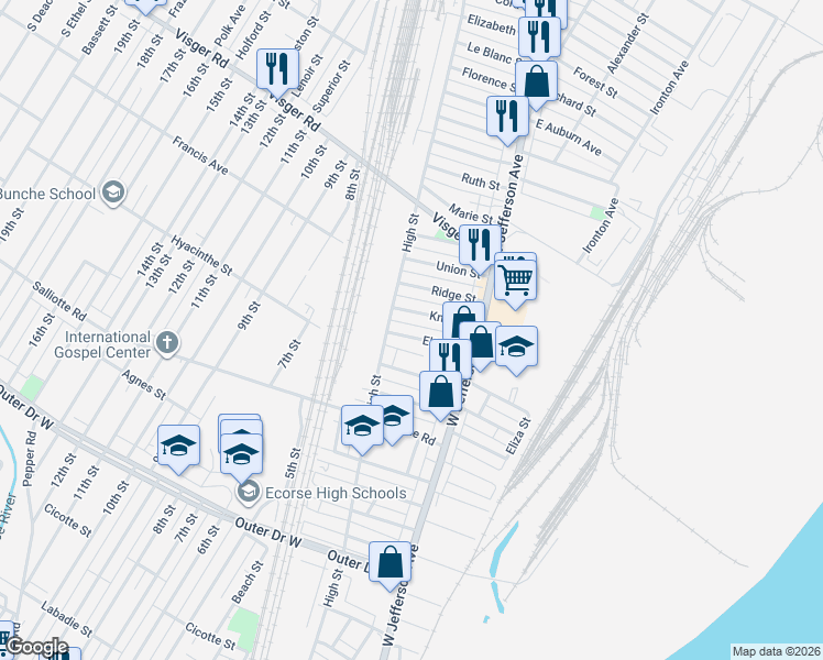 map of restaurants, bars, coffee shops, grocery stores, and more near 42 Elton Street in Ecorse