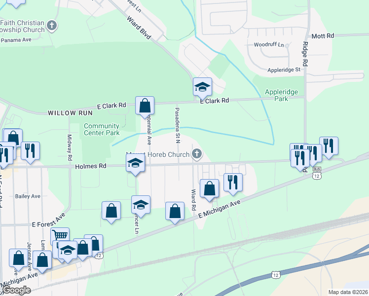 map of restaurants, bars, coffee shops, grocery stores, and more near 1011 Pasadena Street North in Ypsilanti