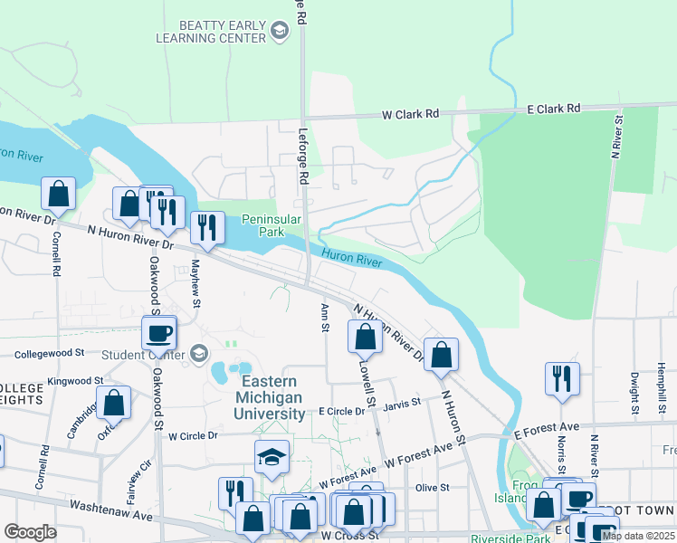 map of restaurants, bars, coffee shops, grocery stores, and more near 950 Leforge Road in Ypsilanti