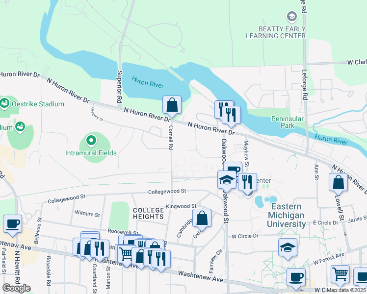 map of restaurants, bars, coffee shops, grocery stores, and more near 207 Cornell Courts in Ypsilanti