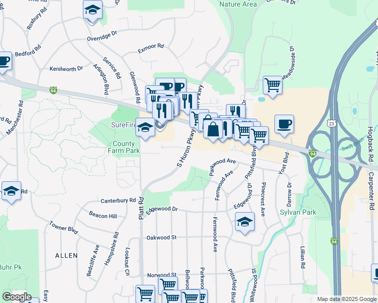 map of restaurants, bars, coffee shops, grocery stores, and more near 2201 South Huron Parkway in Ann Arbor