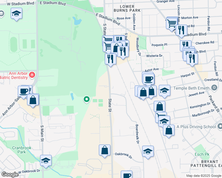 map of restaurants, bars, coffee shops, grocery stores, and more near 2151 South State Street in Ann Arbor