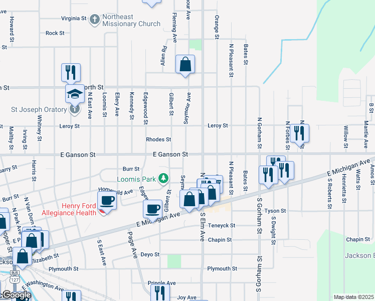 map of restaurants, bars, coffee shops, grocery stores, and more near 1502 East Ganson Street in Jackson