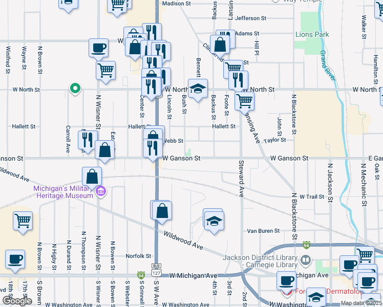 map of restaurants, bars, coffee shops, grocery stores, and more near 622 West Ganson Street in Jackson