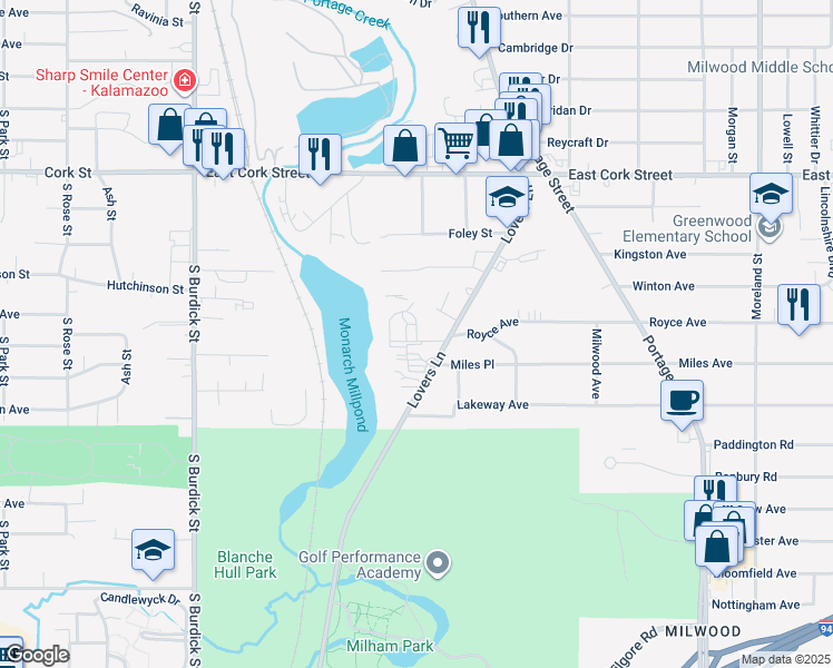 map of restaurants, bars, coffee shops, grocery stores, and more near 701 Royce Avenue in Kalamazoo
