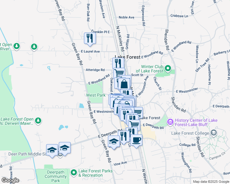 map of restaurants, bars, coffee shops, grocery stores, and more near 840 Oakwood Avenue in Lake Forest