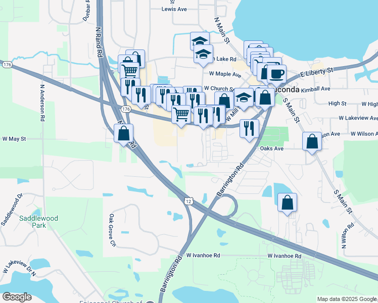 map of restaurants, bars, coffee shops, grocery stores, and more near 176 Thomas Court in Wauconda