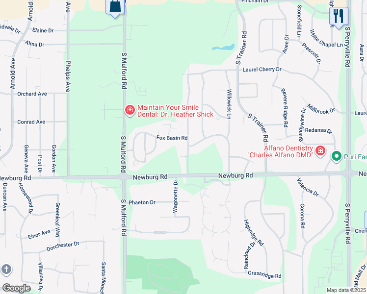 map of restaurants, bars, coffee shops, grocery stores, and more near 1417 Stony Creek Way in Rockford
