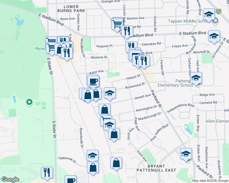 map of restaurants, bars, coffee shops, grocery stores, and more near 1310 Rosewood Street in Ann Arbor