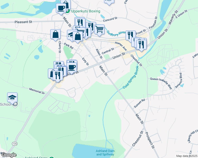 map of restaurants, bars, coffee shops, grocery stores, and more near 14 Clyde Road in Ashland
