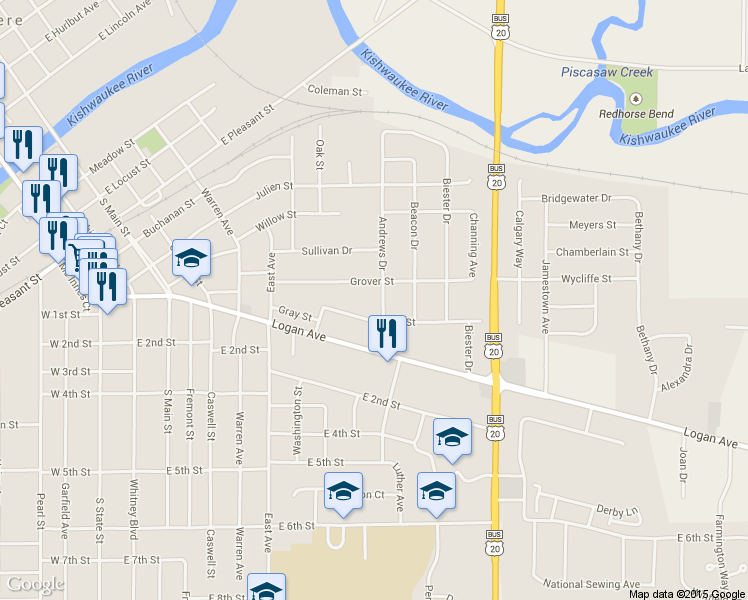 map of restaurants, bars, coffee shops, grocery stores, and more near 411 Andrews Drive in Belvidere