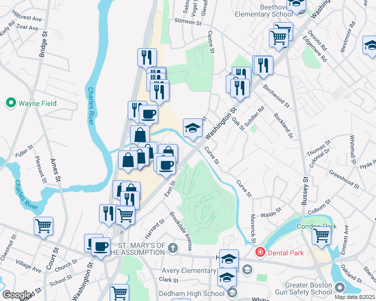 map of restaurants, bars, coffee shops, grocery stores, and more near 27 Eastbrook Road in Dedham