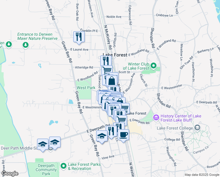 map of restaurants, bars, coffee shops, grocery stores, and more near 854 North Western Avenue in Lake Forest