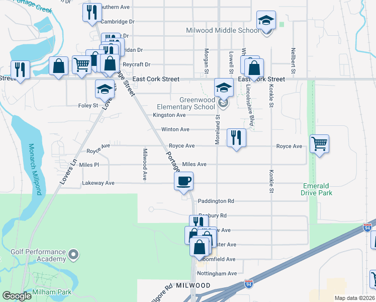 map of restaurants, bars, coffee shops, grocery stores, and more near 1610 Royce Avenue in Kalamazoo