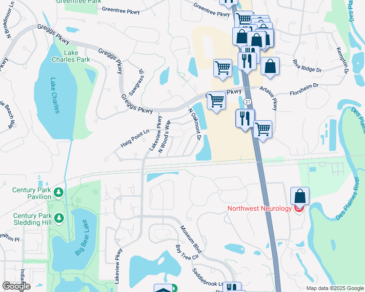 map of restaurants, bars, coffee shops, grocery stores, and more near 409 North White Deer Trail in Vernon Hills